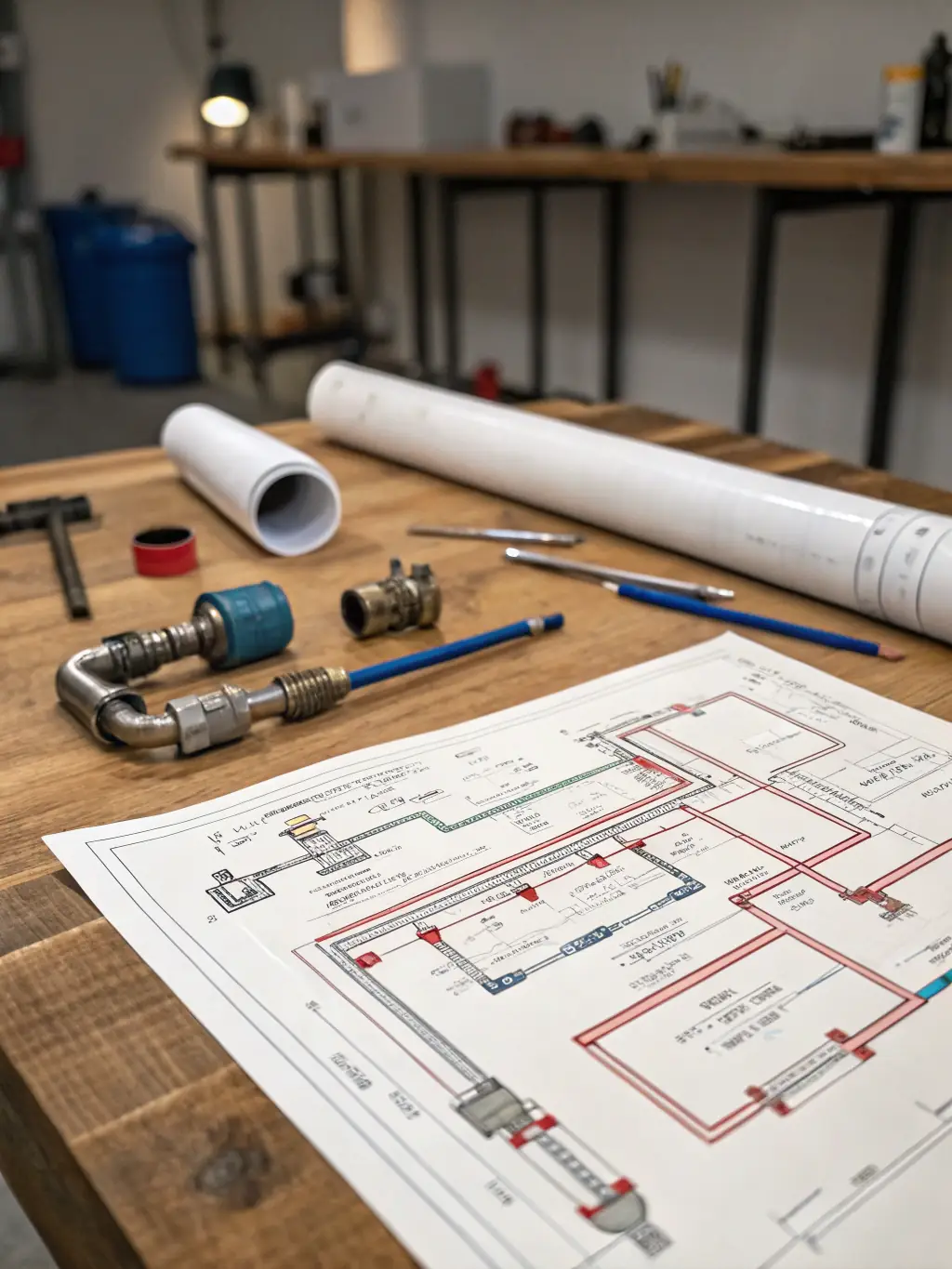 A blueprint of a complex gas and sanitary system design, highlighting Gaz Mazowsze's comprehensive approach to engineering solutions.