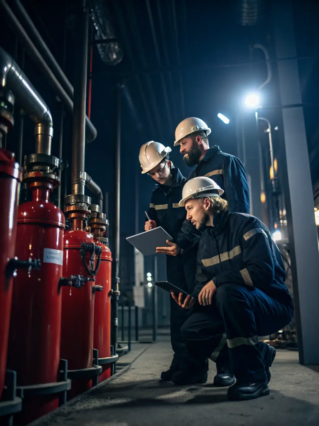 Technicians inspecting and repairing gas and sanitary systems in a commercial setting, illustrating Gaz Mazowsze's maintenance and repair services.